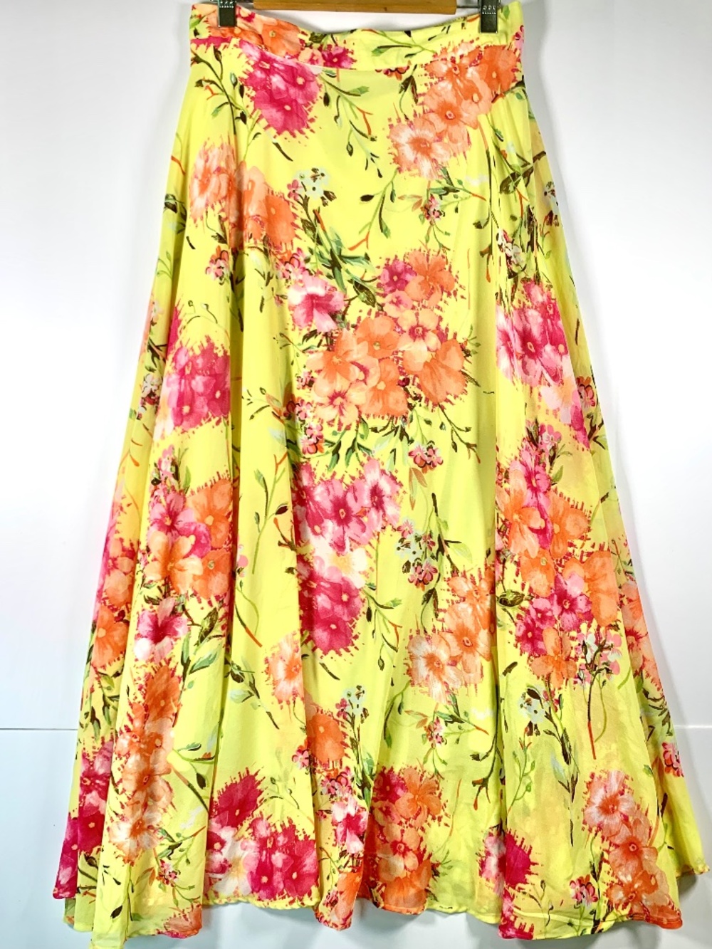 Lucky & Coco Yellow Pink Floral Flowing Chiffon Flared Hem Maxi Skirt Fairycore